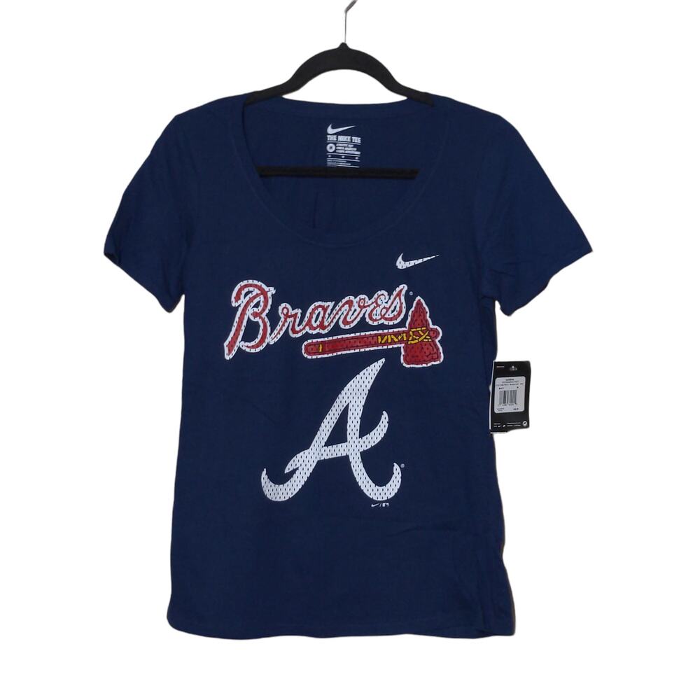 Nike Atlanta Braves Navy Blue T-Shirt Athletic Cut M New